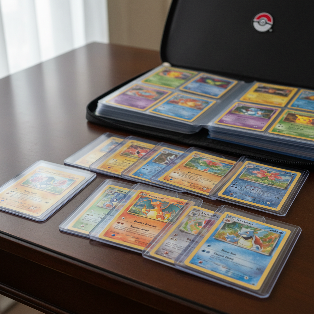 A meticulously arranged spread of Pokémon trading cards fanned across a smooth, dark wooden desk, each card in near-mint condition with crisp corners and vivid artwork. Several are protected in transparent, glossy sleeves and a few high-value cards rest inside rigid, clear top loaders. In the background, a partially open black zippered binder filled with neatly organized cards adds depth. Soft, diffused daylight from an unseen window to the left casts gentle, natural highlights on the card surfaces, revealing subtle texture and foil shimmer. Shot from a slightly elevated angle with a shallow depth of field, the foreground cards are in razor-sharp focus while the binder recedes into a tasteful blur. The overall mood is professional, clean, and analytical, evoking a serious collector’s workspace in photographic realism.