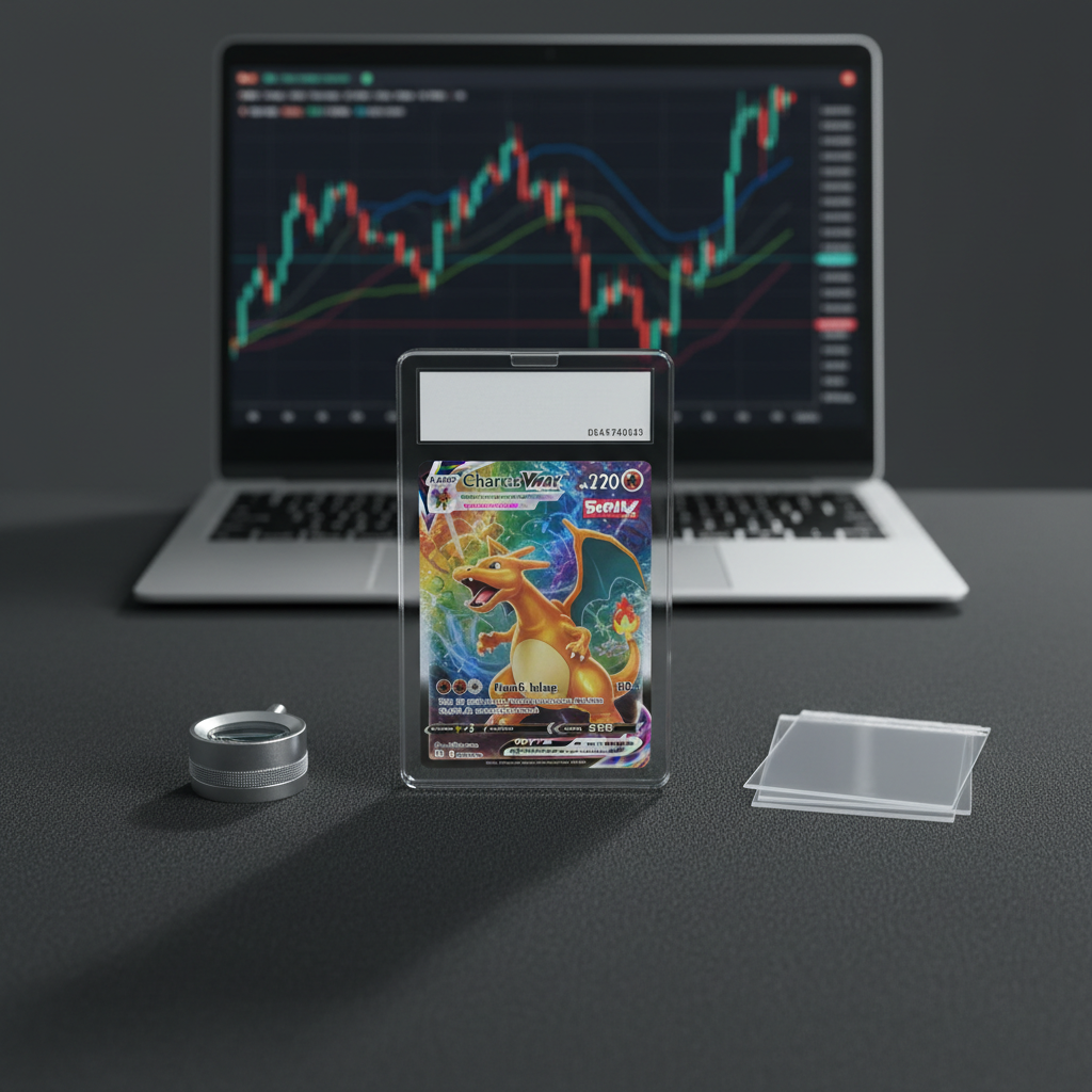 A clean, minimalist valuation setup featuring a single high-end Pokémon card centered on a matte black playmat, the card encased in a crystal-clear graded slab with a blank, non-branded label. Surrounding it are practical tools of a serious collector: a small LED magnifier, a neat stack of penny sleeves, and an empty semi-rigid holder. A sleek laptop sits slightly out of focus in the background displaying an abstracted price chart with colorful lines, intentionally unreadable. Cool, even studio lighting from above creates precise reflections on the plastic surfaces and subtle shadows along the mat’s texture. Captured at eye level with a balanced, rule-of-thirds composition, the image feels precise, data-driven, and professional, emphasizing calm focus and photographic realism appropriate for a market analysis blog post.
