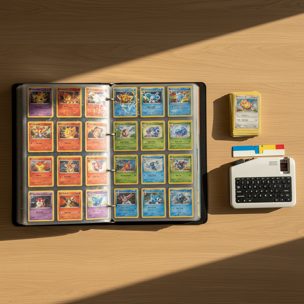 An open Pokémon card binder laid flat on a light oak table, pages filled edge-to-edge with carefully sorted cards in nine-pocket sheets, arranged by color and rarity. The plastic pockets show a slight wave and soft reflections, hinting at frequent use. Next to the binder, a small stack of unsorted cards waits in a tidy pile, and a label maker and a few blank divider tabs rest nearby, suggesting an ongoing organizing project. Warm afternoon sunlight enters from the right, creating gentle diagonal shadows across the pages and a comfortable, homely glow. Shot from a bird’s-eye view with sharp focus throughout, the composition highlights the collection as a cohesive whole. The atmosphere is practical, organized, and quietly satisfying, with realistic photographic detail that supports content about building and structuring a collection.